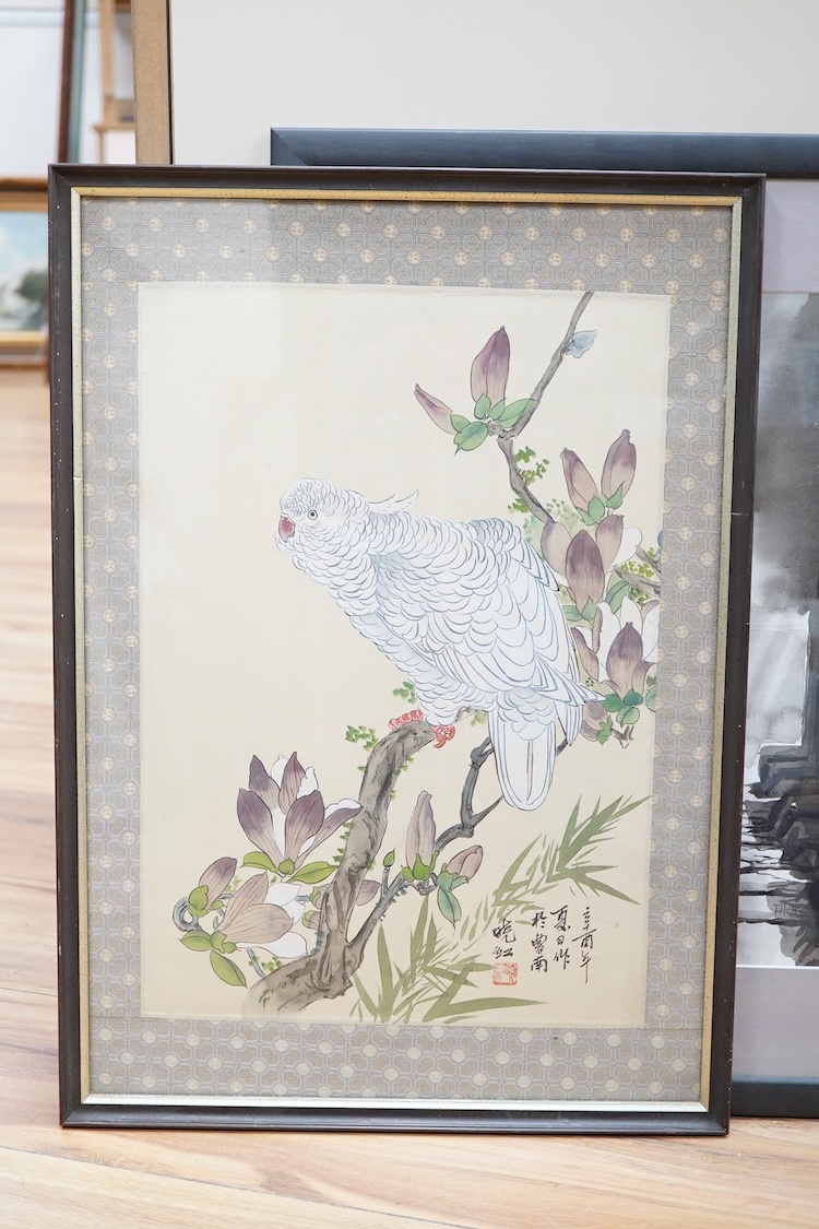A pair of 19th century Chinese pith paintings, butterflies & insects, together with a monochrome watercolour and a study of a bird